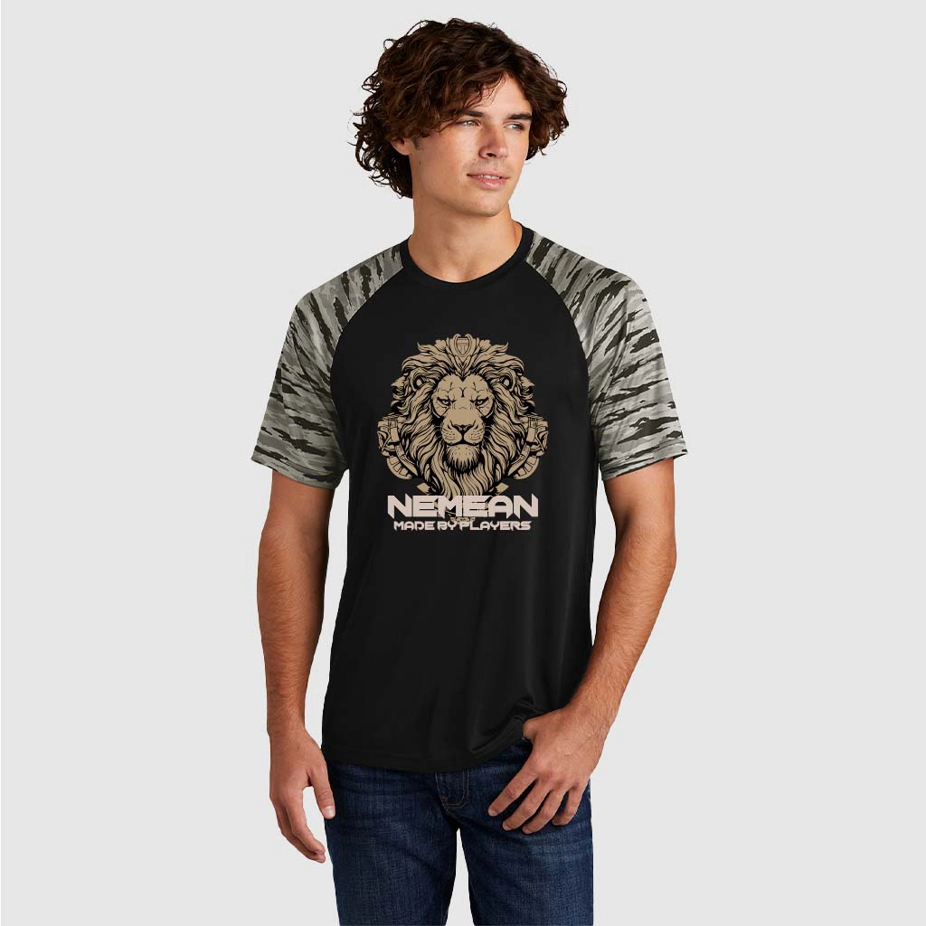 Men’s Empire Nemean short sleeve shirt with camo sleeves, black body, and lion graphic design.