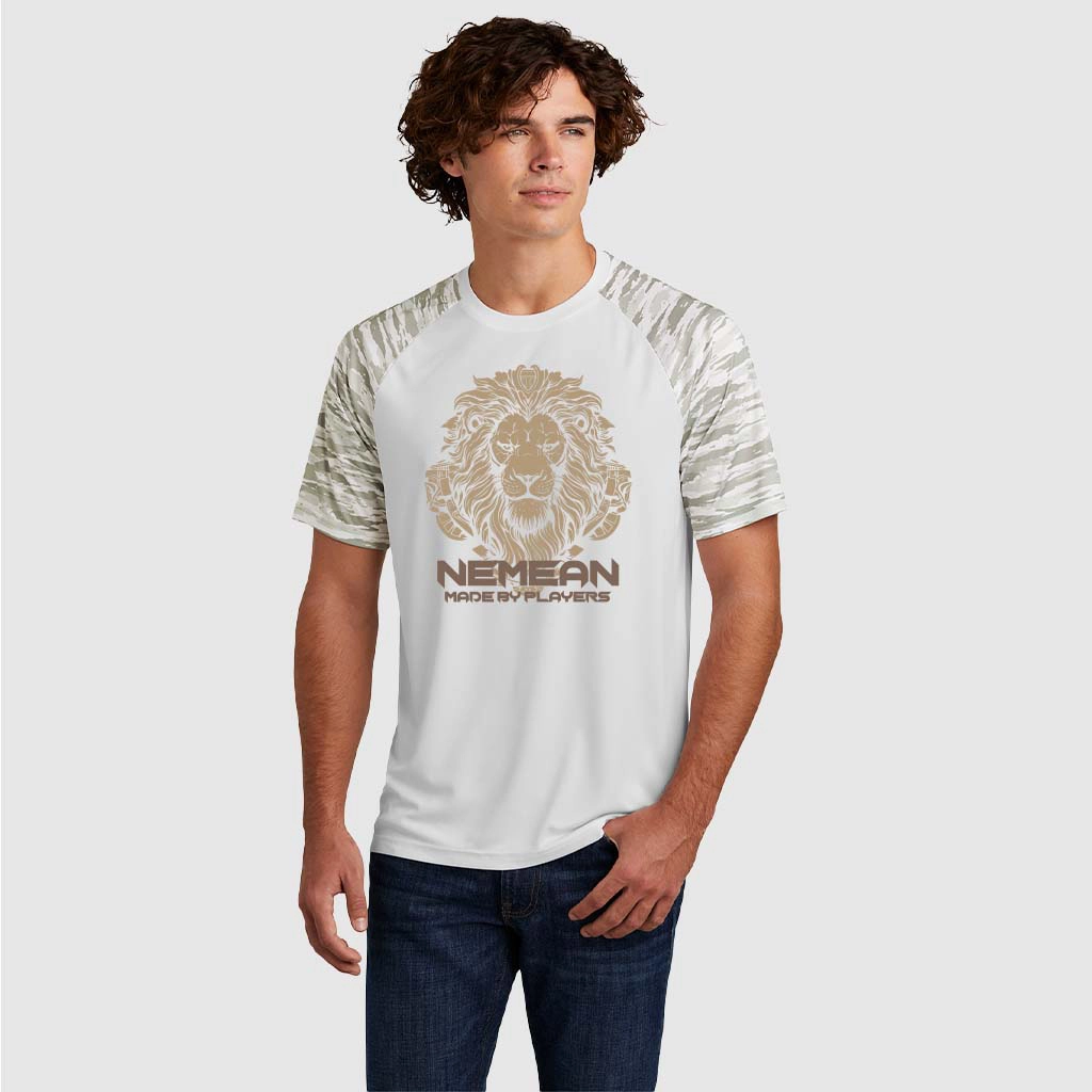 Men’s Empire Nemean short sleeve white shirt with beige lion graphic and light camo sleeves.