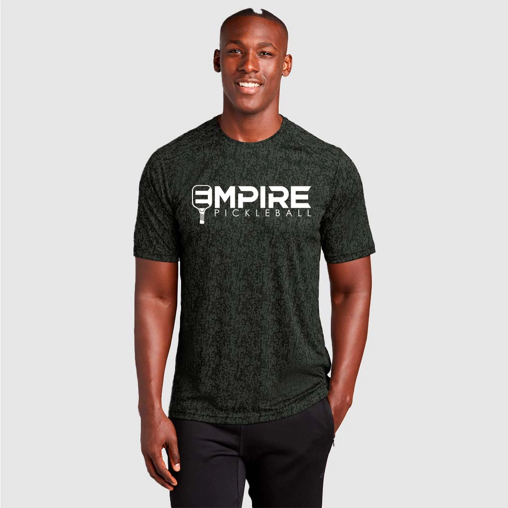 Men’s Empire Pickleball Dri Fit black shirt with white logo and textured pattern.