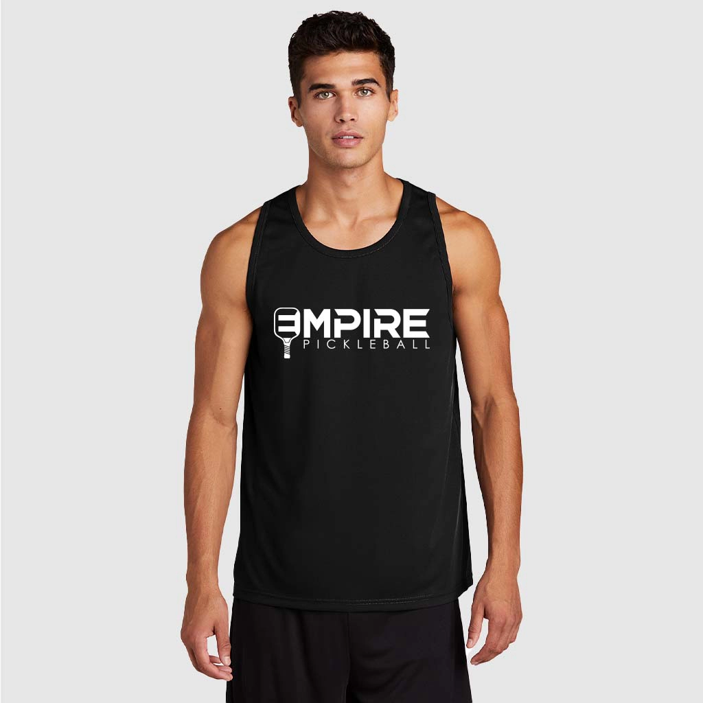 Empire Pickleball black tank top for men with bold white logo