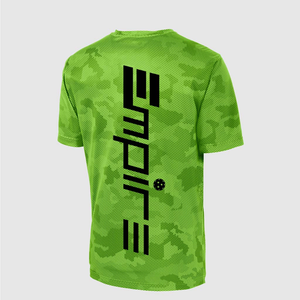 Back of green Empire Pickleball shirt with white branding
