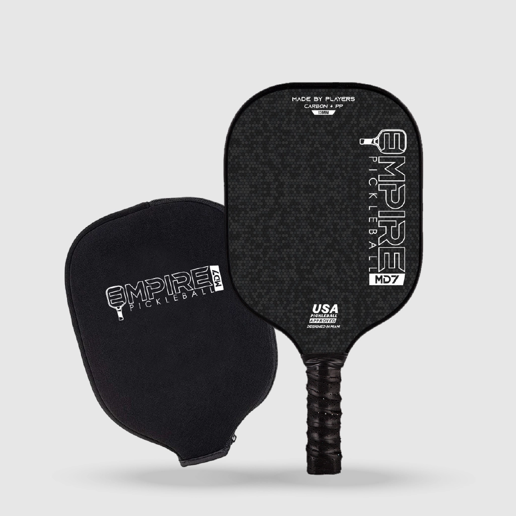 Empire Pickleball MD7 carbon fiber paddle with branded black cover and USA Pickleball approval.