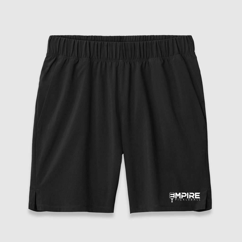 Black Empire Pickleball men’s sport shorts with elastic waist and white logo detail.