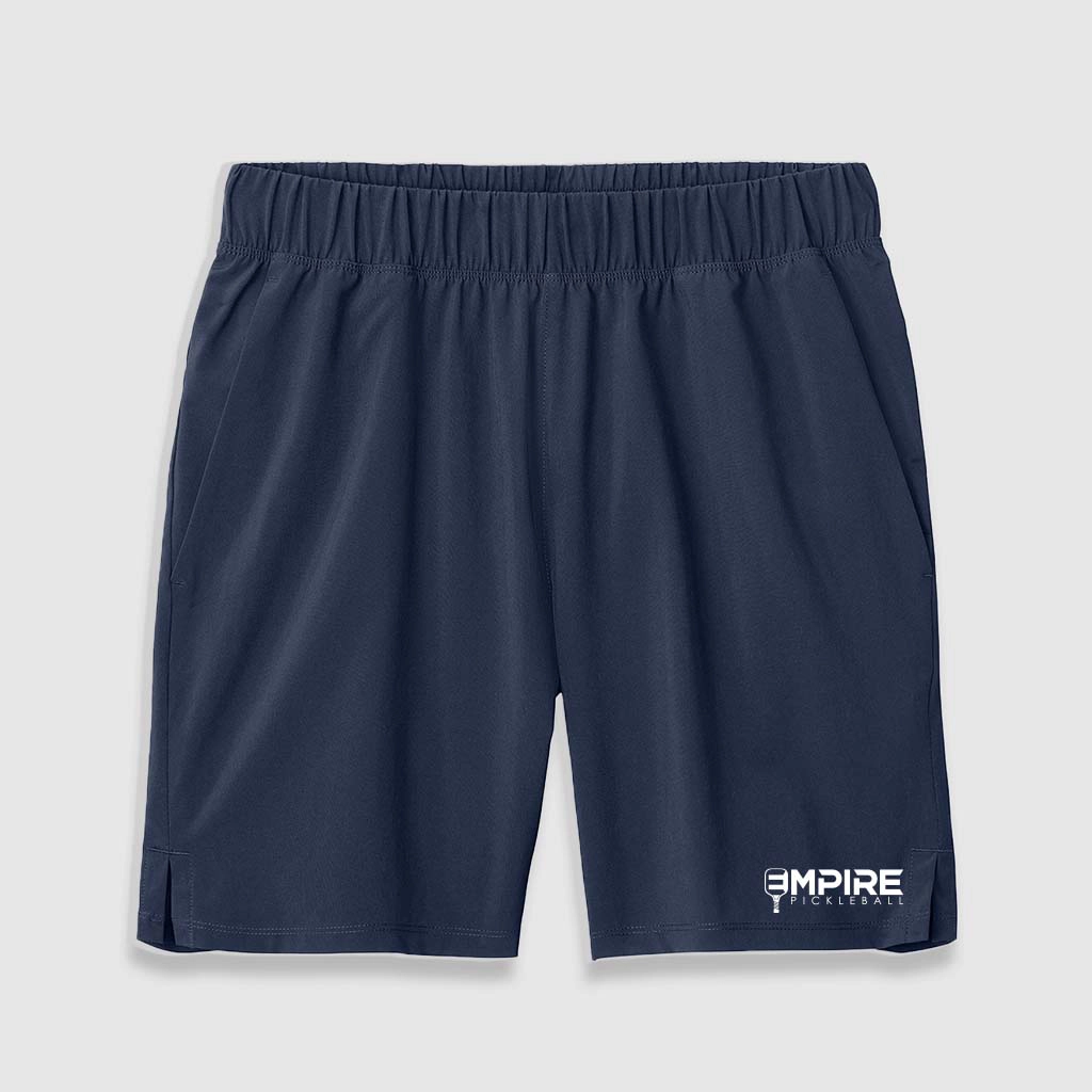 Navy blue Empire Pickleball men’s shorts with elastic waistband and logo on lower leg.