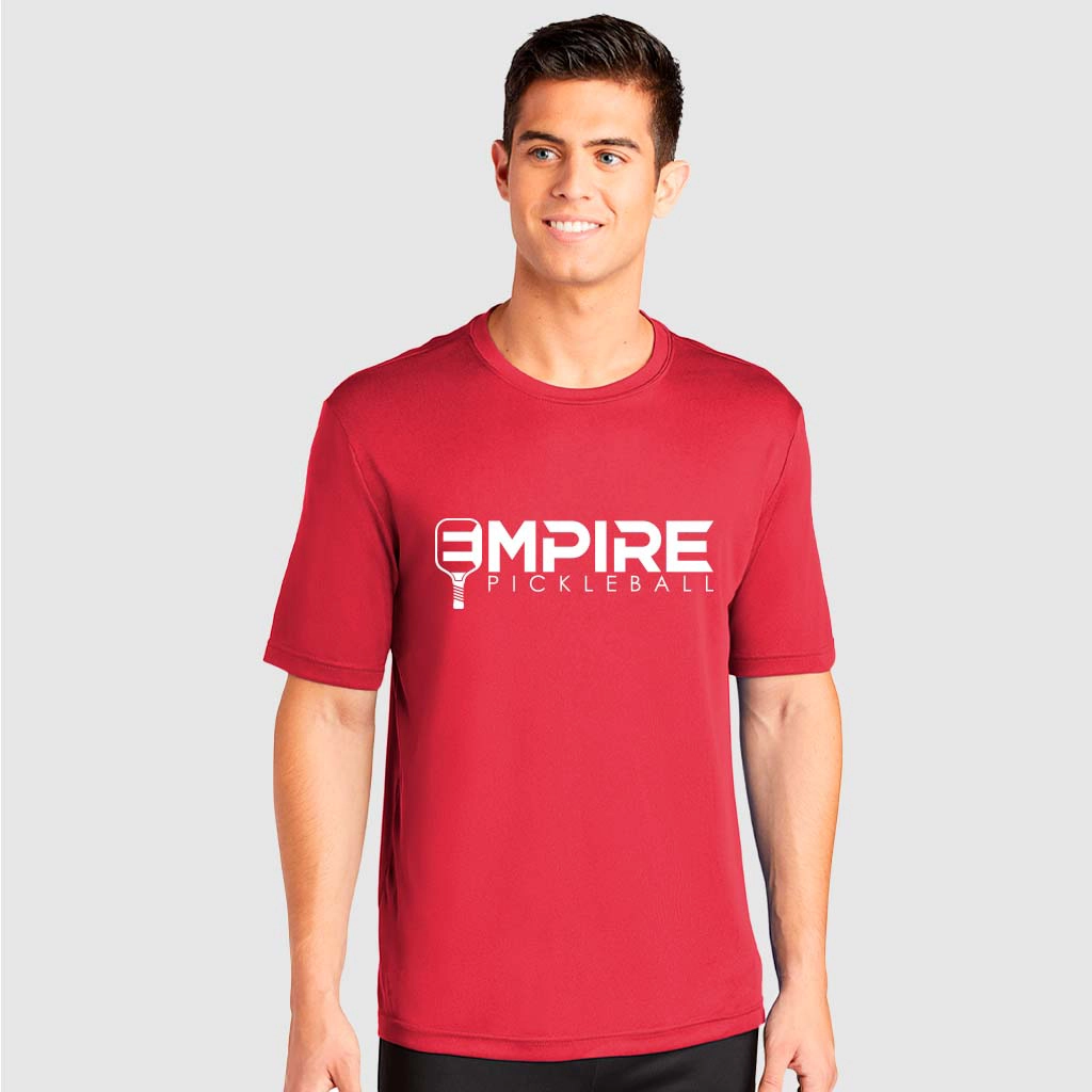 Man wearing Empire Pickleball red athletic performance shirt