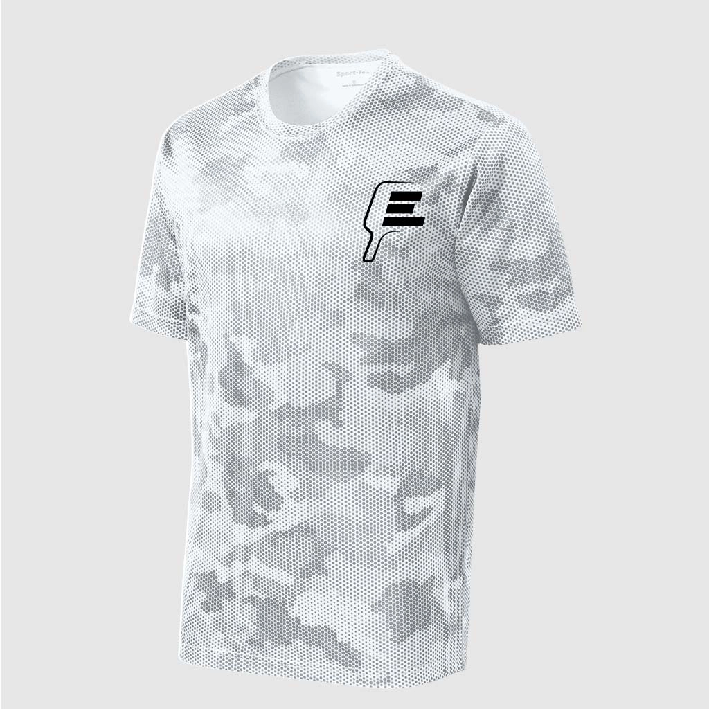 Front of white Empire Pickleball shirt with paddle logo