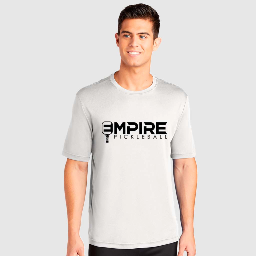 Man wearing Empire Pickleball white athletic performance shirt