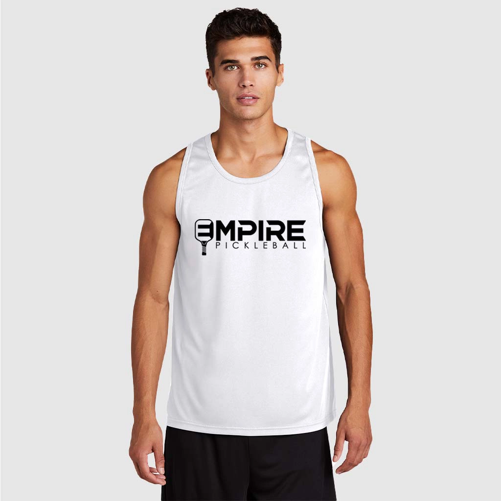 Empire Pickleball white tank top for men with bold black logo