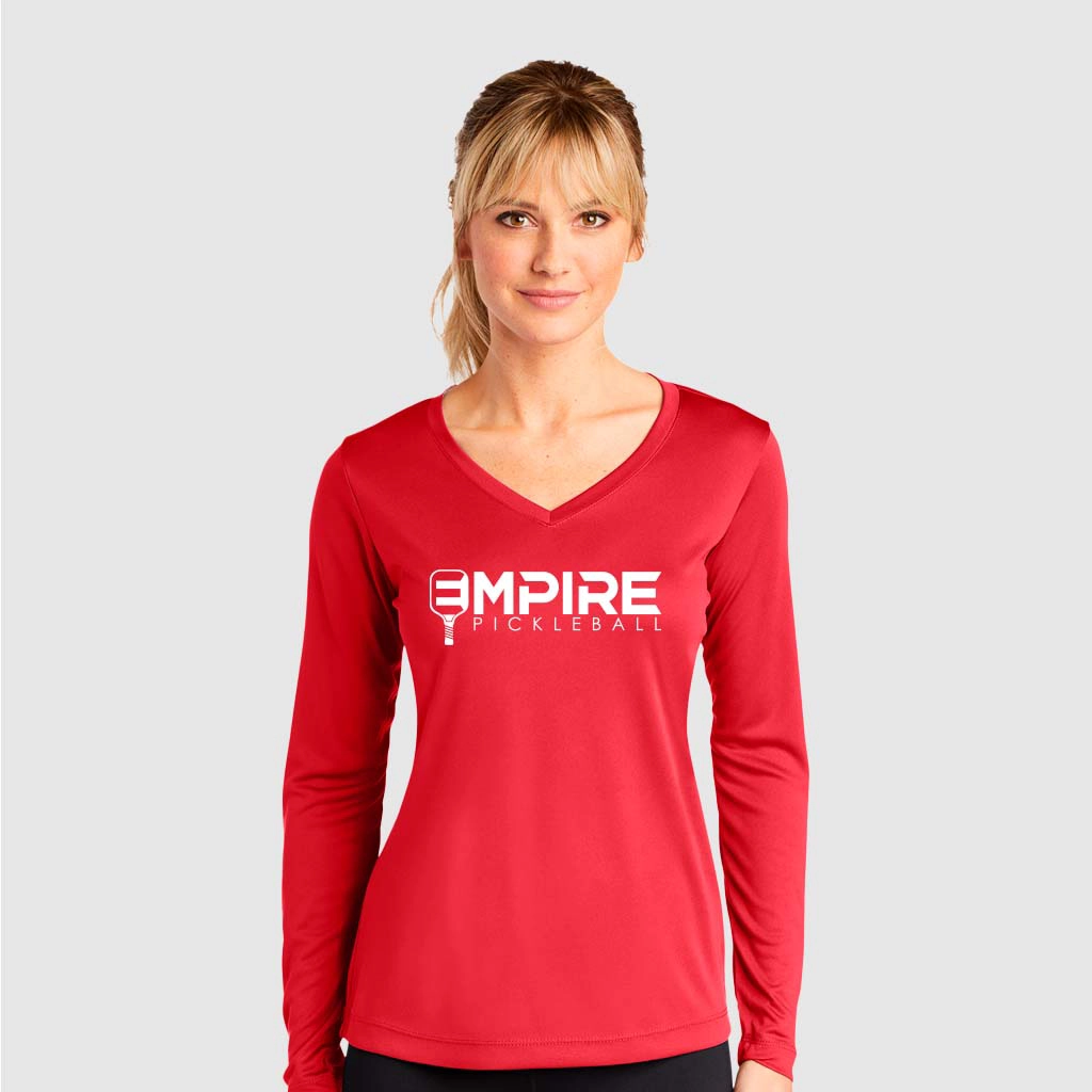 Red v-neck long sleeve shirt for women featuring the Empire Pickleball logo and athletic fit.